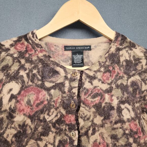 Sarah Spencer Sweater Womens Large Brown Pink Floral Angora Wool Cardigan Roses - Picture 7 of 14